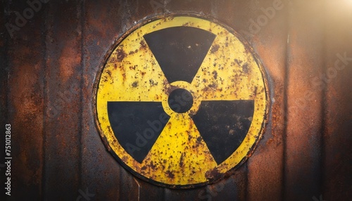 round yellow radioactive ionizing radiation danger symbol painted on a massive rusty metal wall with dark rustic grungy texture background with vignetting