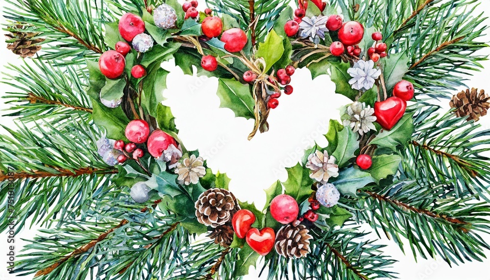 watercolor christmas heart shaped wreath isolated clipart
