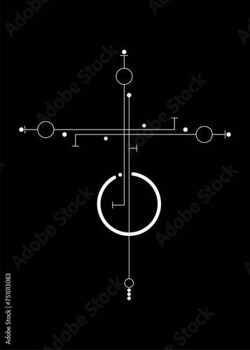 Linear Minimalist Cross Tattoo, Sacred Geometry, Mystical Center, abstract esoteric white religious sign, pagan icon vector illustration isolated on black background