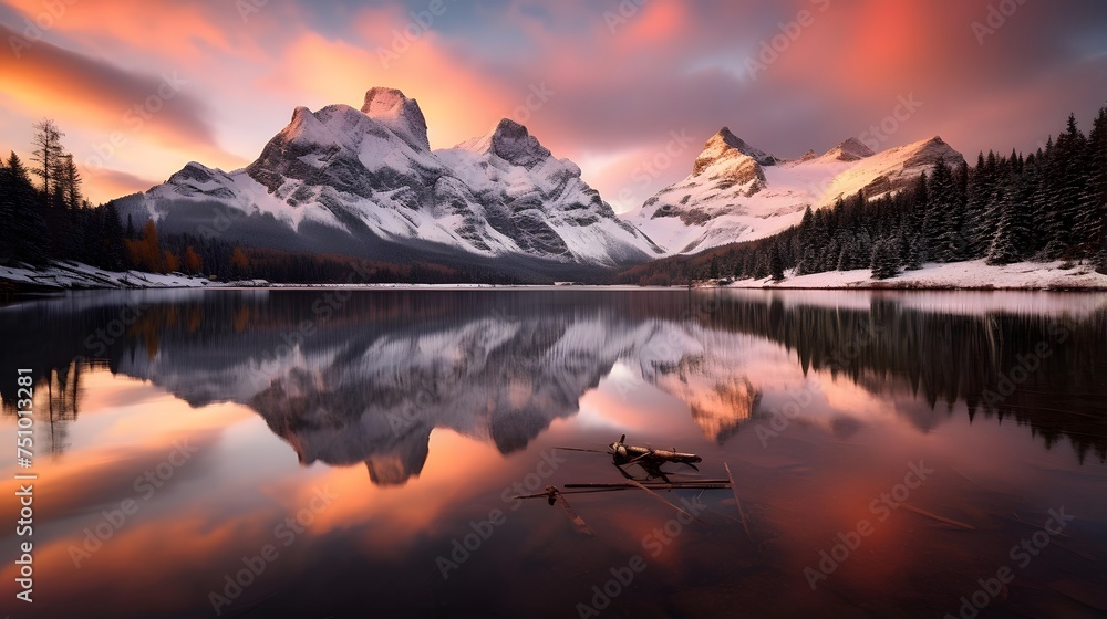 Mountains reflected in the lake at sunset, Canadian Rockies, Alberta, Canada