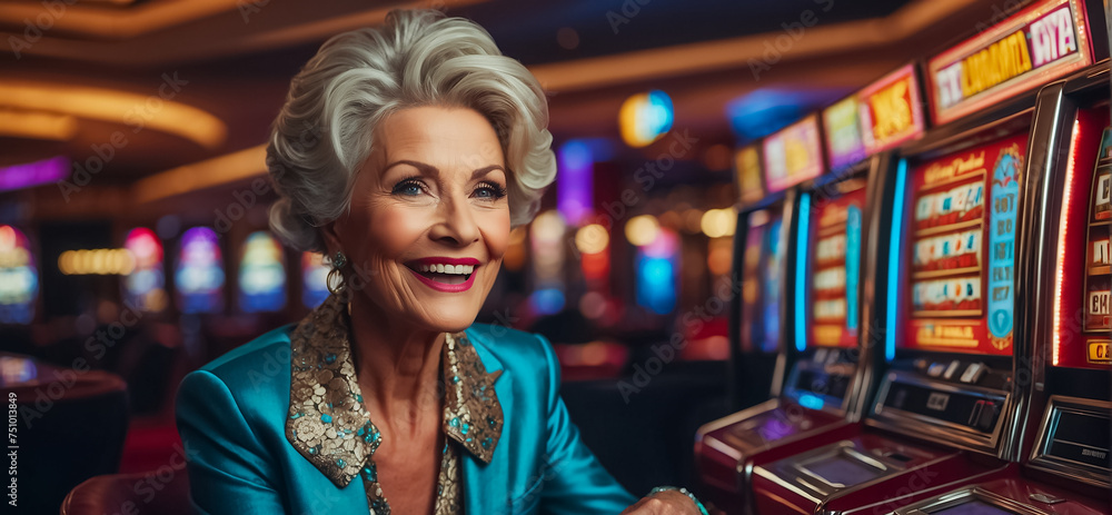 Beautiful elderly woman playing casino slot machine lifestyle Beautiful elderly woman playing casino slot machine lifestyle