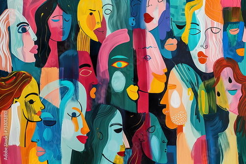 Vibrant Tapestry of Abstract Faces in Bold Graphic Style