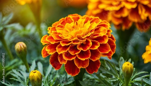 tagetes patula french marigold in bloom orange yellow flowers green leaves full bloom photo