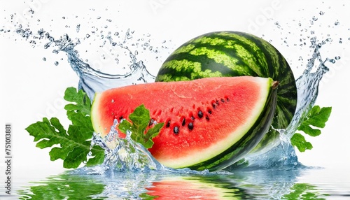 water splash on watermelon with leaves isolated on transparent background png