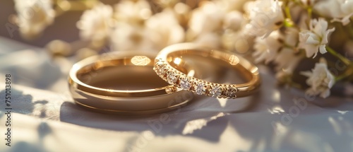 Matrimony concept. Wedding rings linked, symbolizing eternal love and the beginning of a new life together, one with little diamonds and the other one without diamonds