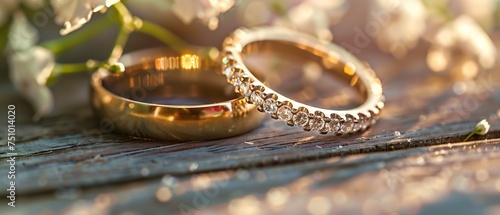 Gold wedding rings together on a rustic wooden table with flowers, one with small diamonds and the other plain