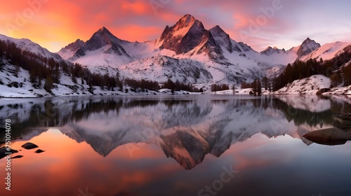 Panoramic view of snow capped mountain peaks reflected in the lake.