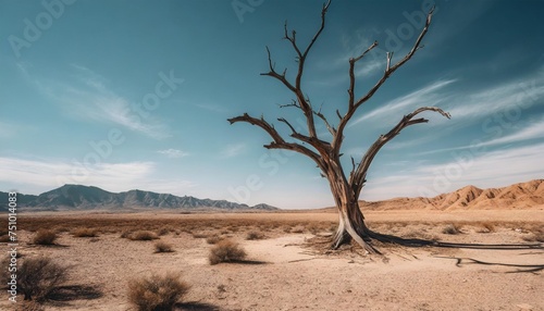 a desolate desert landscape featuring a dead tree standing tall against the barren backdrop symbolizing the arid conditions