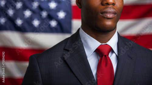 Confident African American Politician Closeup of Suit and Tie Against American Flag During an Election Background with Copy Space