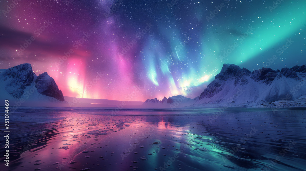 Green and purple aurora borealis over snowy mountains. Northern lights in Lofoten islands, Norway. Starry sky with polar lights. Night winter landscape with aurora, high rocks, beach. Travel. Scenery.