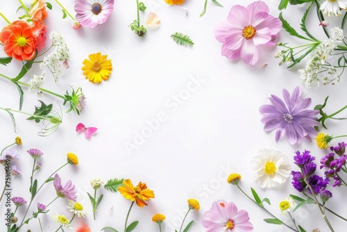 Colorful floral frame on white background. Greeting card, invitation template design for spring holidays, celebrations. Mother's Day, Women's Day, Easter, wedding, birthday, anniversary backdrop