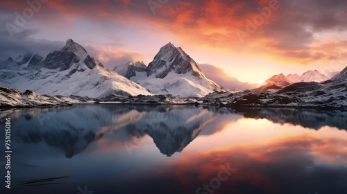 Panorama of snow-capped mountain peaks reflecting in the water