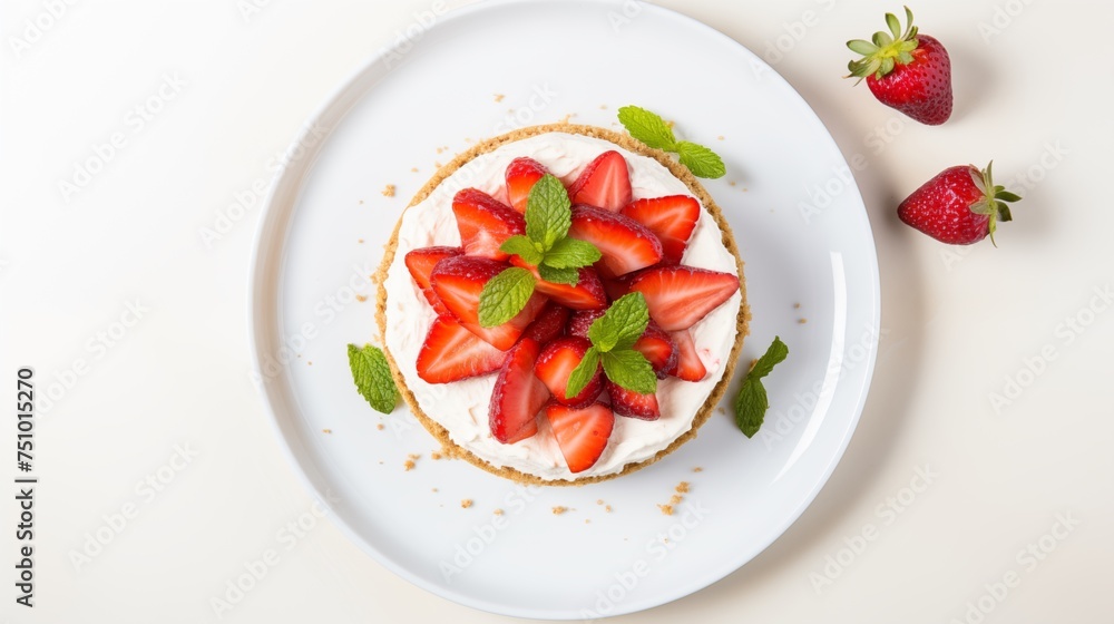 White round plate showcasing labneh cheesecake, VG, GF, topped with strawberries, against a white backdrop, viewed from above White round plate showcasing labneh cheesecake, VG, GF, topped with strawberries, against a white backdrop, viewed from above
