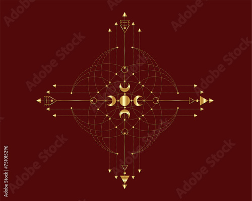 Golden Totem, Sacred Geometry, mystical arrows and crescent moon, gold dotted lines in boho style, wiccan icon, alchemy esoteric mystical magic talisman. Spiritual occultism vector isolated on red