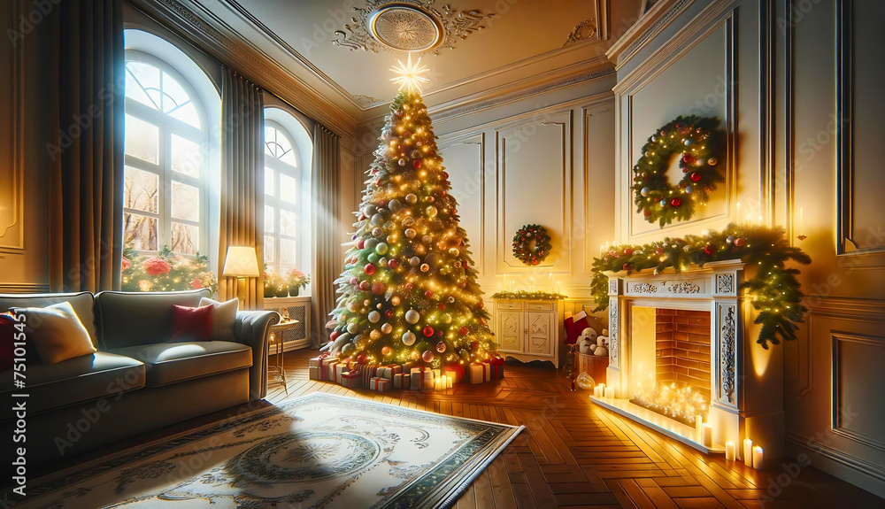 Christmas tree on a room, ultra-wide, clean photo
Christmas tree on a room, ultra-wide, clean photo