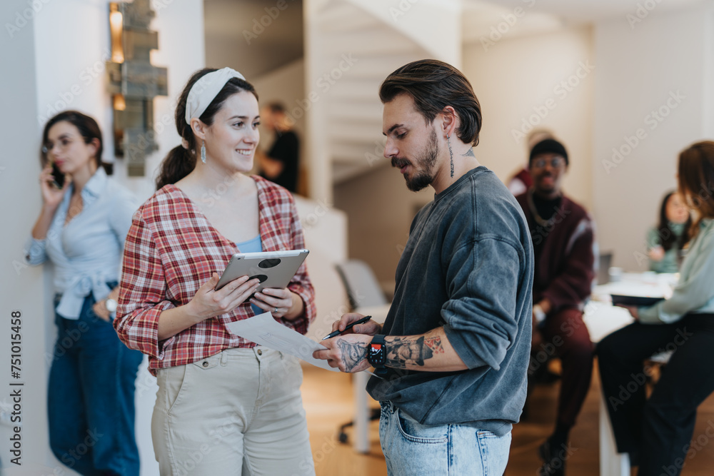 A team of business employees collaborating in an innovative office environment, focused on productivity and growth. A team of business employees collaborating in an innovative office environment, focused on productivity and growth.