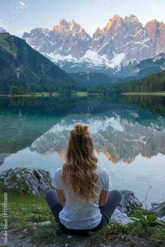 Serene Woman Enjoying Majestic Mountain View by Tranquil Lake at Sunset photo