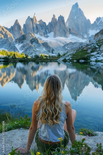 Serene Mountain Lake View with Woman Enjoying Nature, Peaceful Landscape with Reflective Waters and Majestic Peaks at Sunrise