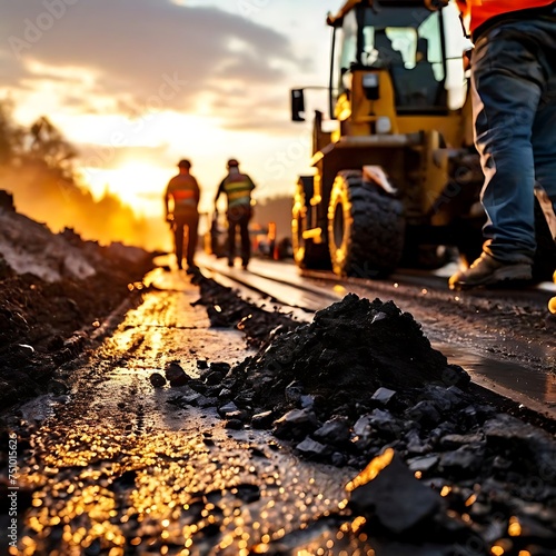 Road construction workers' teamwork, tarmac laying works at a road construction site, hot asphalt gravel leveled by workers, and road surface repair
