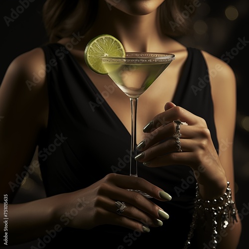 Woman's hands with dark manicure holding a galss with Martini coctail  photo