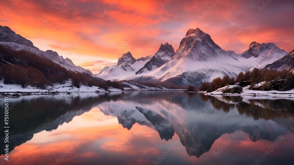 Panoramic view of snow-capped mountain peaks reflected in a lake at sunset