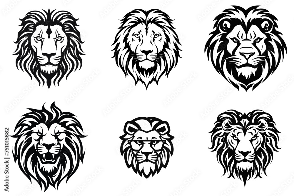 set of lion head black and white vector illustration isolated transparent background, logo, cut out or cutout t-shirt print design,  poster, baby products, packaging design, tribal tattoo