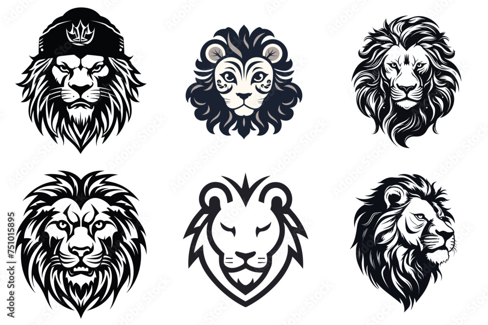 set of lion head black and white vector illustration isolated transparent background, logo, cut out or cutout t-shirt print design, poster, baby products, packaging design, tribal tattoo set of lion head black and white vector illustration isolated transparent background, logo, cut out or cutout t-shirt print design, poster, baby products, packaging design, tribal tattoo