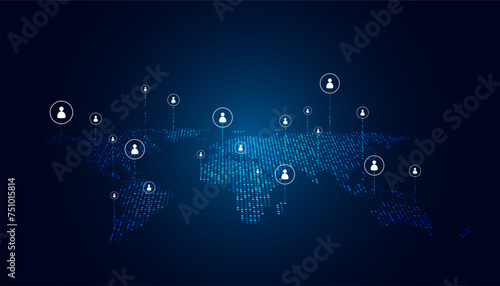 Map with people icons and connection city concept modern smart city on world map modern communication business connection internet network on blue background modern futuristic