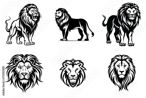 set of lion black and white vector illustration isolated transparent background, logo, cut out or cutout t-shirt print design,  poster, baby products, packaging design, tribal tattoo photo