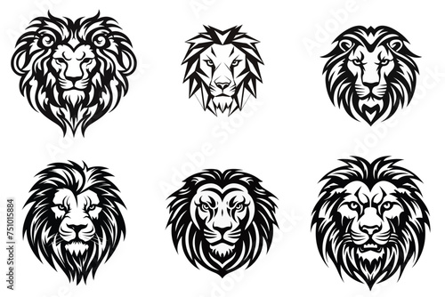set of lion head black and white vector illustration isolated transparent background, logo, cut out or cutout t-shirt print design,  poster, baby products, packaging design, tribal tattoo