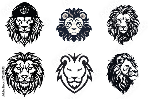 set of lion head black and white vector illustration isolated transparent background, logo, cut out or cutout t-shirt print design,  poster, baby products, packaging design, tribal tattoo