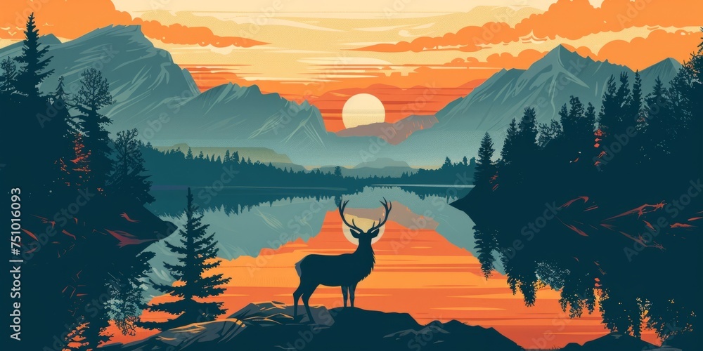 deer standing by the lake at sunset in the forest Generative AI deer standing by the lake at sunset in the forest Generative AI