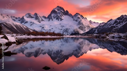 Panoramic view of snow capped mountains reflected in water at sunset
