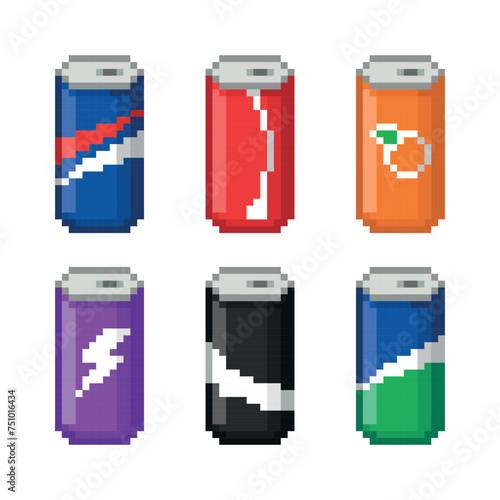 Set of pixel soda icons in colored aluminum cans. The sign of soft drinks. Pixelated food icon. Pixel design, embroidery. Isolated on a white background.