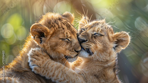 Fluffy baby lion cub grooming its sibling