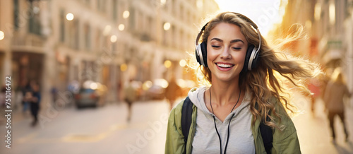 Joyful young Caucasian woman listening to music with wireless headphones using a smartphone while walking on a city street outdoors Cheerful female dancing Happiness and lifestyle concept photo