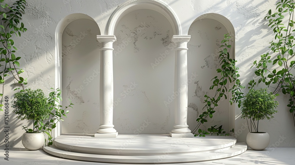 Naklejka premium Background podium column 3d roman luxury greek white ancient display product classic. Podium platform background column pillar stage minimal stand beauty design greece render scene plant cosmetic rome