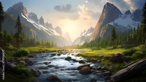 Panoramic view of a mountain river in the mountains at sunset