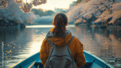 Fototapeta Naklejka Na Ścianę i Meble -  Hipster woman is sightseeing cherry blossom on the row boat while traveling during spring season at Chidorigafuchi boat parking inside the Kitanomaru Park in Tokyo, Japan.