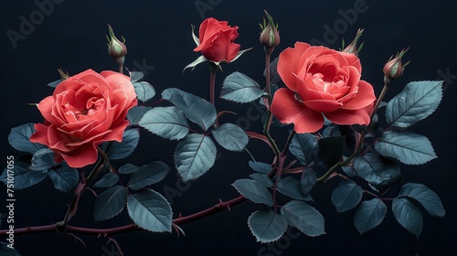 Red roses on a black background. Floral background. Toned.