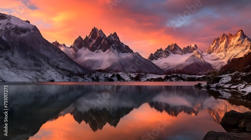 Panoramic view of snowcapped mountains reflected in lake at sunset #751017275