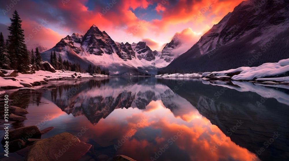 Mountains reflected in a lake at sunset, Jasper National Park, Alberta, Canada