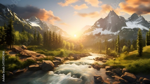 Panoramic view of mountain river and forest at sunset. Beautiful summer landscape.