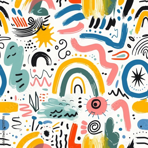 Colorful doodle abstract shapes seamless pattern for kids. Aesthetic rainbow squiggle, circle, bullet point symbols on white background. Bright and playful design for children's room decor, birthday