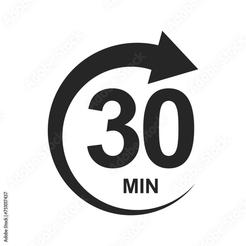 30 minutes with round arrow icon. Half hour countdawn sign. Stopwatch symbol. Sport or cooking timer isolated on white background. Delivery, deadline, duration pictogram. Vector graphic illustration.