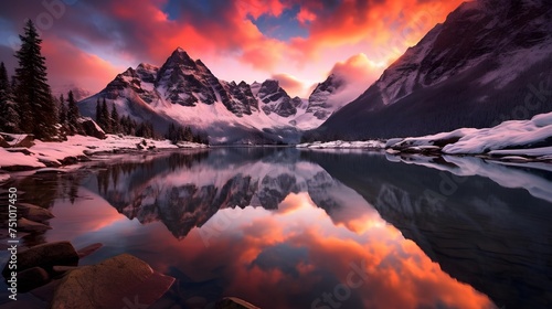 Mountains reflected in a lake at sunset  Jasper National Park  Alberta  Canada