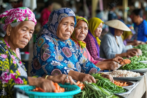 a muslim elderly Indonesian female trader selling at the market