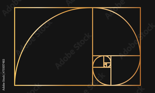 Golden ratio template. Gold logarithmic spiral in rectangle frame divided on squares. Fibonacci sequence grid. Leonardo da Vinci divine proportion. Ideal nature symmetry layout. Vector illustration.