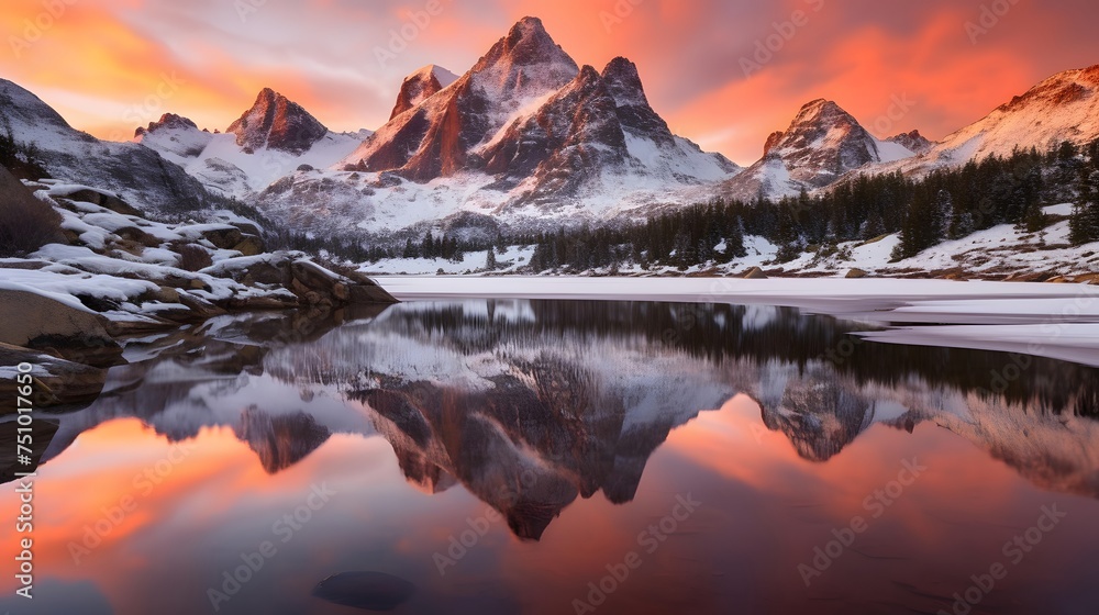 Panoramic view of snow covered mountains reflecting in lake at sunset