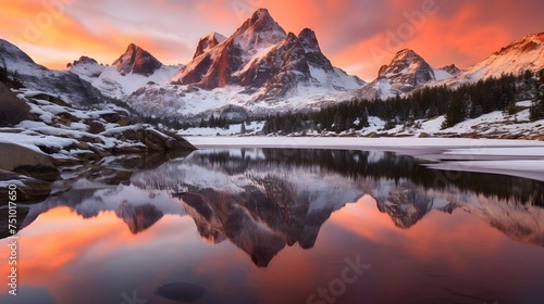 Panoramic view of snow covered mountains reflecting in lake at sunset